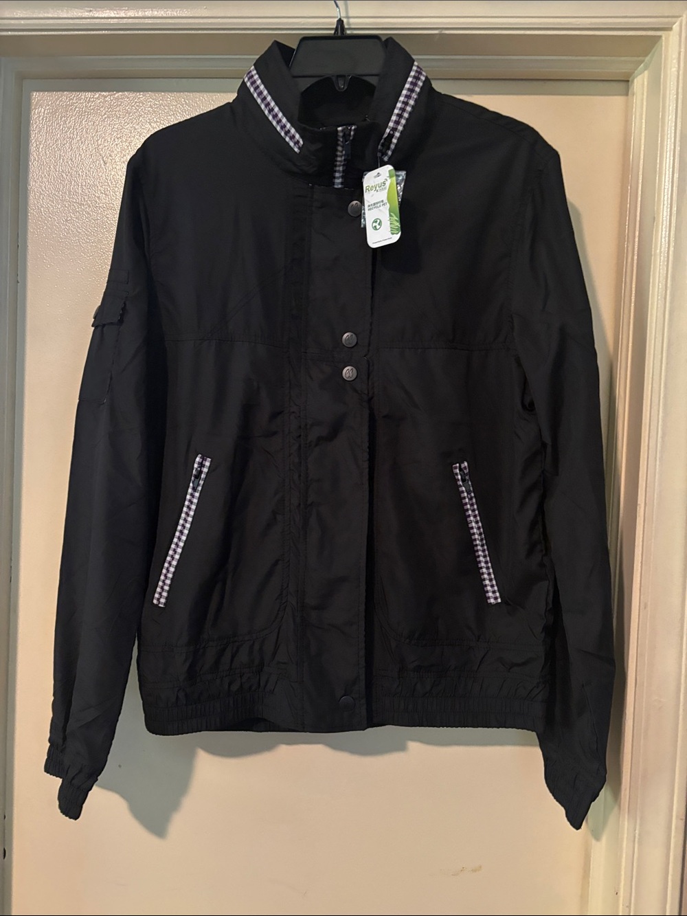 Women’s Black Bomber Jacket with Gingham Trim